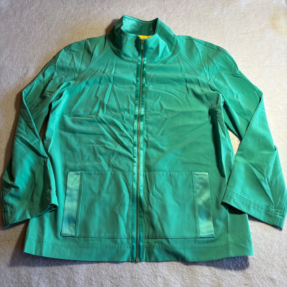ST JOHN Women Green Full Zip Jacket Medium Polyester Spandex Triacetate Blend‎
